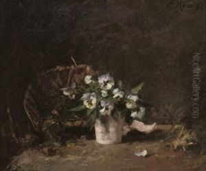 A Pot Of Pansies By A Basket by Charles Eugene Moss