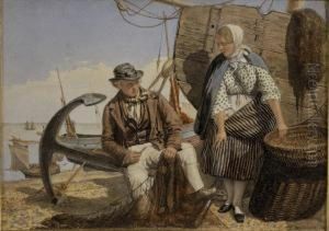 Couple De Pecheurs Remaillant Le Filet Aquarelle Signee En Bas A Droite Et Datee 1867 by David Mossman