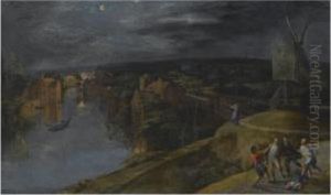 A Nocturnal River Landscape With Brigands Mugging A Passer-bynear A Windmill