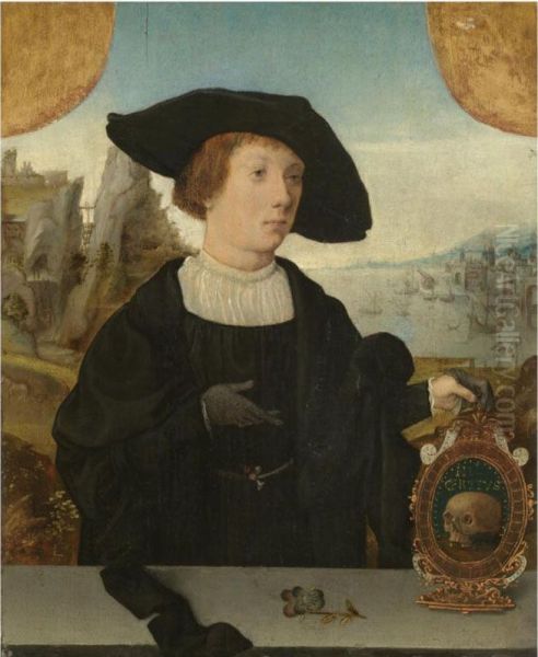 Portrait Of A Young Man, Behind A Ledge, With A Landscape Beyond,in A Black Hat, Holding A
Memento Mori - view 1