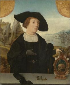 Portrait Of A Young Man, Behind A Ledge, With A Landscape Beyond,in A Black Hat, Holding A
Memento Mori by Jan Mostaert