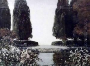 Floral Garden With Lake by Thomas E. Mostyn