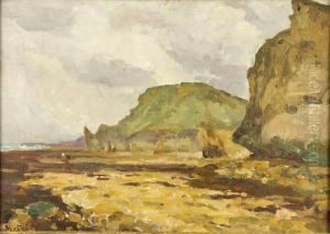 Pecheurs Au Pied Des Falaises Huile Sur Toile Marouflee Sur Carton by Georges Moteley