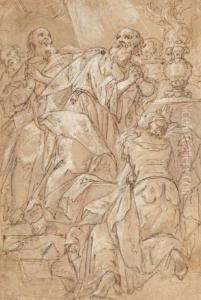 Scene Biblique Plume Et Encre Brune Sur Traits De Crayon Noir by Raffaello Motta