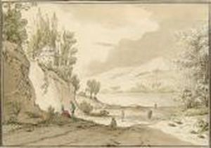 A Capriccio Landscape With Travellers In A Mountainous Lake Landscape With Temple And Castle by Moucheron