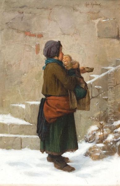 Mendiante Et Enfants Dans La Neige - view 1