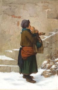 Mendiante Et Enfants Dans La Neige by Antoine Edouard Joseph Moulinet