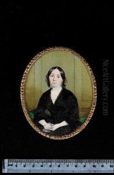 A Lady, Seated, On A Green Chaise-longue In An Interior, Wearing Water-silk Black Dress Trimmed With Lace And White Lace Underslip, She Holds A Handkerchief - view 1