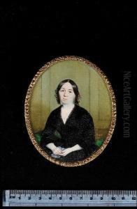 A Lady, Seated, On A Green Chaise-longue In An Interior, Wearing Water-silk Black Dress Trimmed With Lace And White Lace Underslip, She Holds A Handkerchief