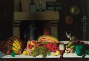 A Selection Of Fruit And Vegetables On A Marble Ledge In A Kitchen,a Cat Alongside