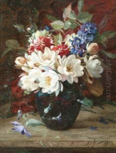 Stilllife With A Vase Of Flowers Upon A Ledge by William Jabez Muckley