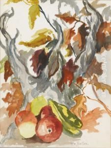 Untitled Still Life With Fruit And Autumn Leaves by Lola Mueller