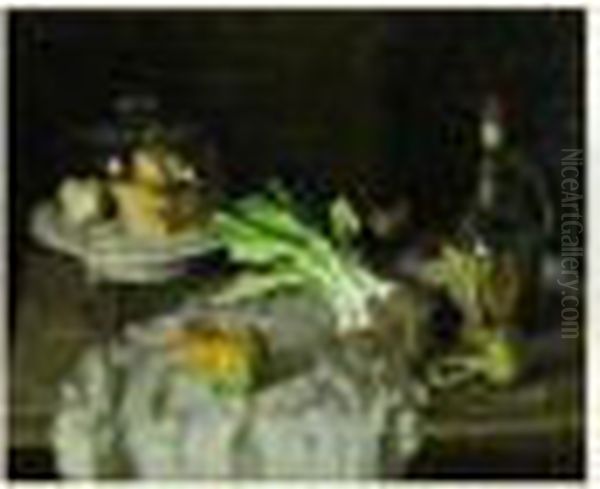 Nature Morte A La Cloche En Verre, Poireaux Et Bouteille De Vin - view 1