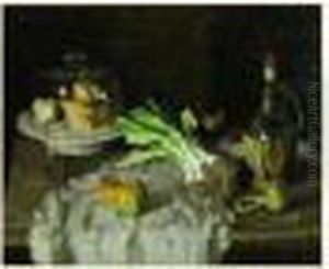 Nature Morte A La Cloche En Verre, Poireaux Et Bouteille De Vin by Ludwig Muhrmann