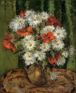 Daisies And Poppies In A Vase by Ludwig Muhrmann