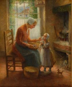 Interior Domestic Scene With Mother And Daughter Seated By A Fire. by Carl Eugene Mulertt