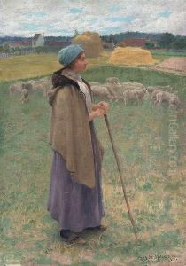 Shepherdess With Her Flock On A Summery Meadow by Carl Eugene Mulertt