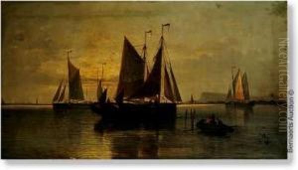 Marine With Yachts At Sunset Near The English Coast. Canvas. Signed And Dated A.mulholland/1884. Slightly Damaged In The Bottom Right. - view 1