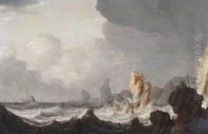 A Ship Foundering On Rocks In A Storm With Figures Praying On A Rocky Outcrop