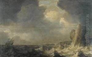 Felsige Kustenpartie Mit Schiffen Auf Sturmischer See.