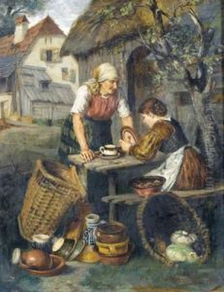 Dorfszene Mit Geschirrhandlerin. - view 1