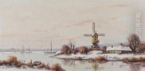 A Winter Dutch Scene With Windmill Beside Water And Boats by Anton Muller