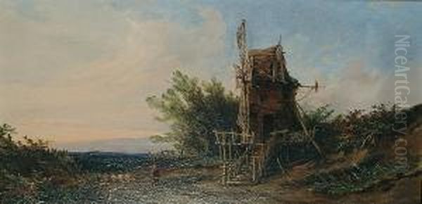 Windmill On A Country Lane With A Shepherd Driving A Flock Of Sheep - view 1