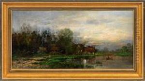Abendlichelandschaftsimpression Mit Dorf Am Flussufer by Eduard Josef Muller