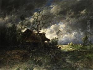 Landschaft In Gewitterstimmung Mit Schafen by Eduard Josef Muller