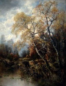 Herbstliches Seeufer, Im Hintergrund Reisigsammlerin