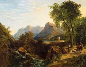 A View Of A Northern Italian Lake With Figures On A Track In The Foreground by Franz Adolf C. Muller