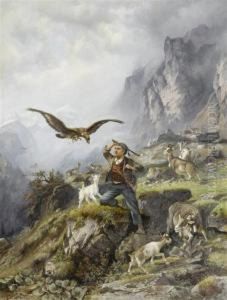 A Young Goatherd Defending His Goats From An Eagle