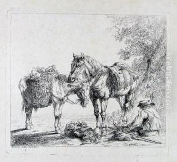 Rastender Bauer Mit Pferd, Esel Und Hund. - view 1