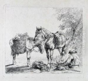 Rastender Bauer Mit Pferd, Esel Und Hund. by Friedrich Muller