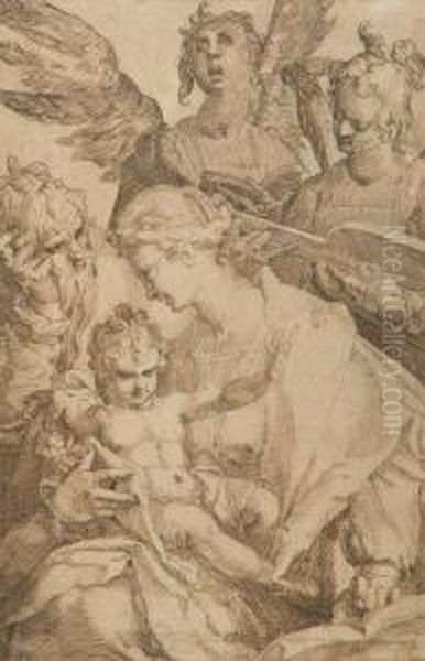 Sainte Famille Avec Deux Anges Musiciens, D'apres Bartholomeus Spranger - view 1