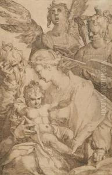 Sainte Famille Avec Deux Anges Musiciens, D'apres Bartholomeusspranger - view 1