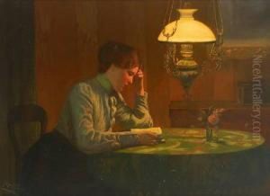 Lesende Junge Frau An Einem Tisch Beim Lichtder Petroleumlampe by Karl Muller
