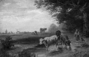 Cornelius, L. "hirtin Mit Kuhen An Der
Tranke". Sign. Ol Auf Lwd. Auf Holz. 16 X 24,5 Cm. Rahmen by Leopold Ludwig Muller