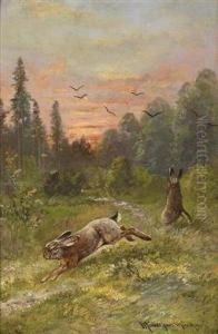 Hares In A Forest Glade