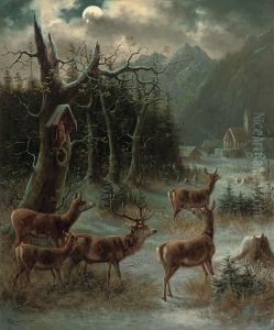 Deer Before An Alpine Village On A Christmas Night by Moritz Muller