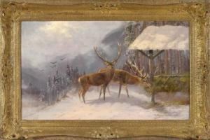 Zwei Hirsche An Der Futterkrippe Vor Winterlicher Berglandschaft by Moritz Muller