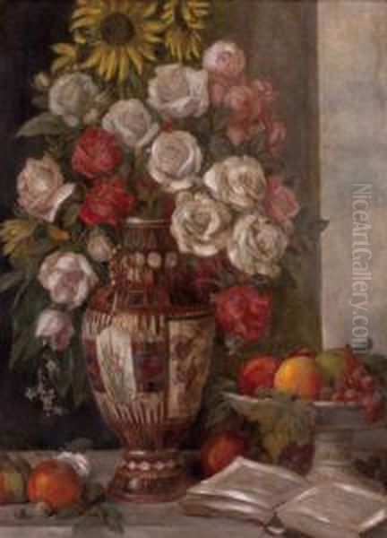 Blumenstillleben Mit Obst Und Buch - view 1