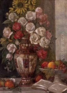 Blumenstillleben Mit Obst Und Buch by Victor Muller