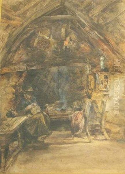 Interiorscene Of A Thatched Welsh Cottage, With Figure Seated In A Chair - view 1