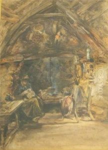 Interiorscene Of A Thatched Welsh Cottage, With Figure Seated In A Chair by Wergmann Muller