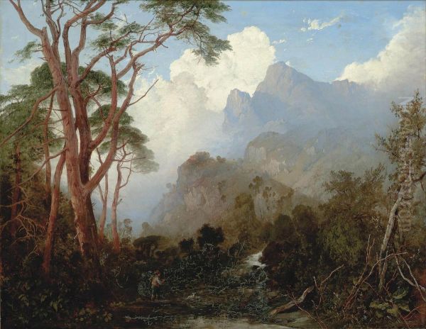 A Traveller And His Dog In An Alpine Landscape - view 1