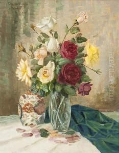 Stillleben Mit Rosen Ineiner Kristallglasvase by Karl Muller-Baumgarten