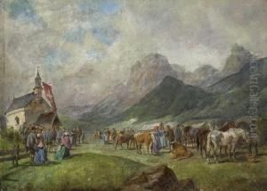 Viehmarkt Vor Schweizer Bergkapelle by Ludwig Muller-Cornelius