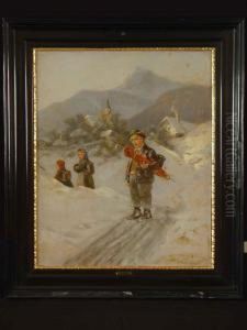 Drei Kinder Auf Dem Heimweg Durch Verschneites Dorf by Albert Muller-Lingke
