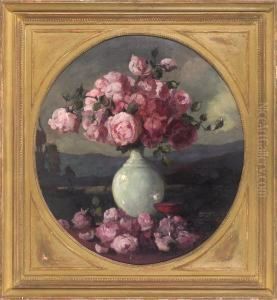 Stilleben Mit Rosafarbenen Rosen In Turkisfarbener Enghalsvase Und Rotweinglas Vor Landschaftshintergrund by Anton Muller-Wischin